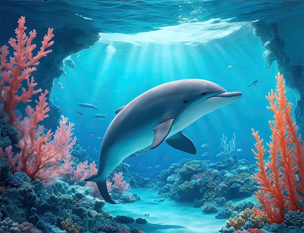 Wonderful and beautiful underwater world with dolphins corals and tropical fish