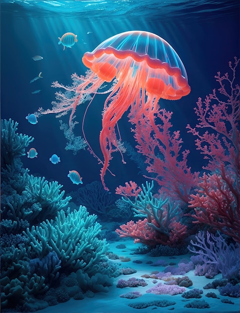 Wonderful and beautiful underwater world with jellyfish corals and tropical fish