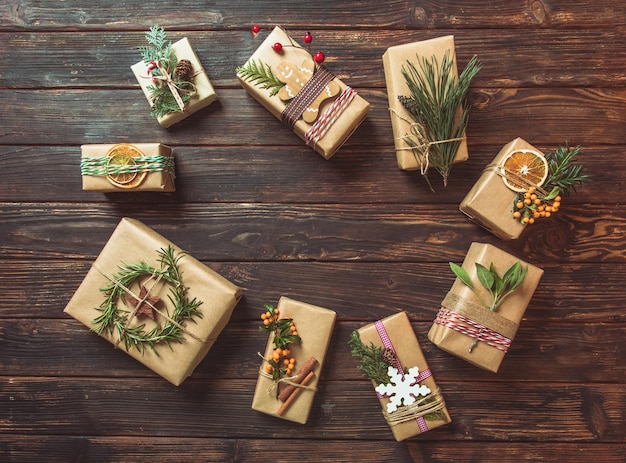 The wonderful Christmas presents wrapped in kraft paper with copy space