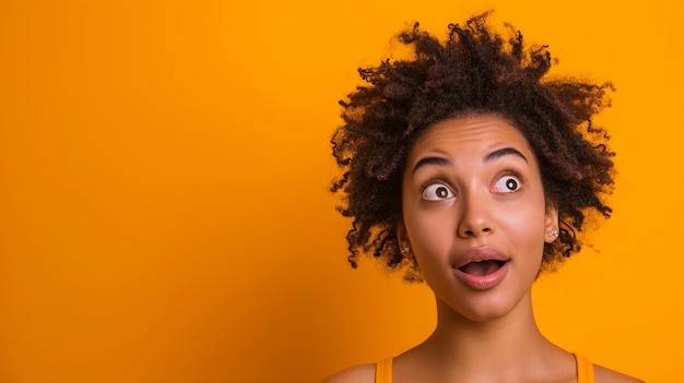 Photo wonderful curiosity afroeuropean woman with expressive curiosity and wonder isolated on solid color background with copy space