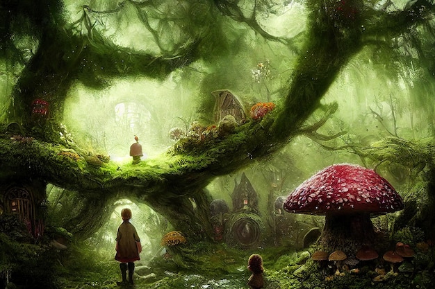 Wonderful fairy tale house on a hill in a magical morning\
forest. a forest fairy tale concept.