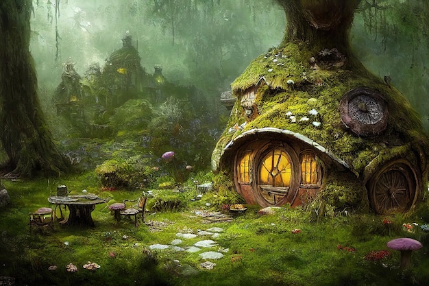 Wonderful fairy tale house on a hill in a magical morning forest. A forest fairy tale concept.