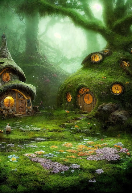 Wonderful fairy tale house on a hill in a magical morning
forest. a forest fairy tale concept.