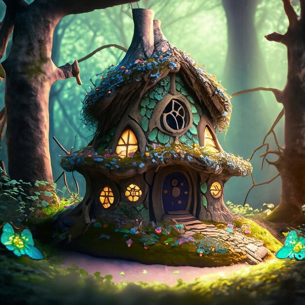 Wonderful fairy tale house on a hill in a magical morning forest