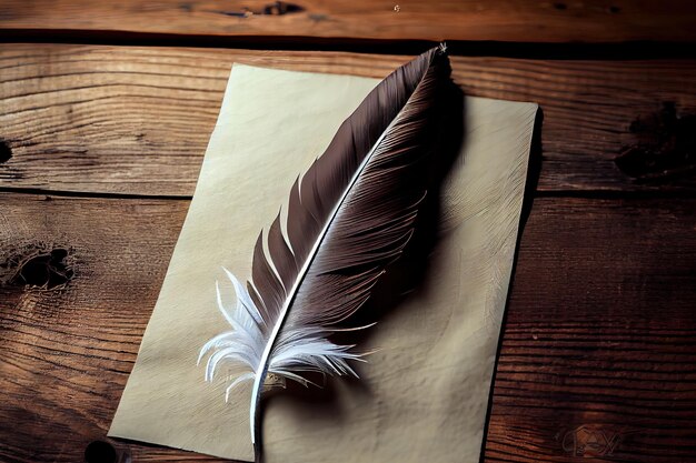 Foto meravigliosa piuma su un foglio di carta bianco come simbolo di poesia sullo sfondo del legno generativo ai