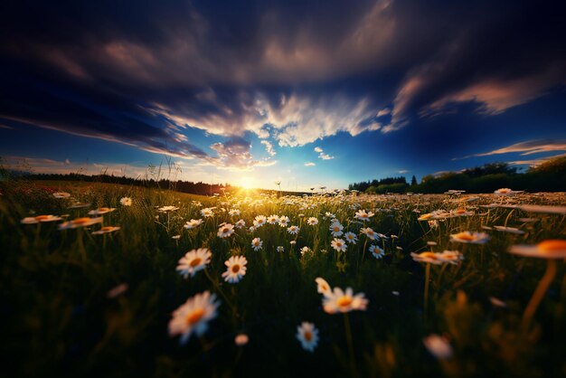 A wonderful field of daisies at sunrise