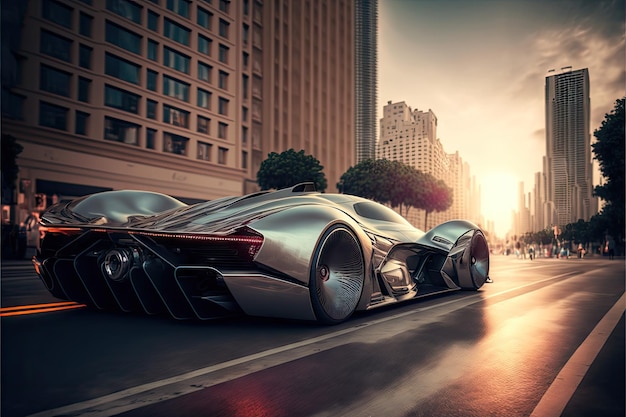 Wonderful futuristic silver vehicle on roads of future hypercar rushes through city