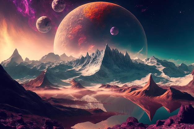 Wonderful graphic art illustration of a fantasy planet with mountains