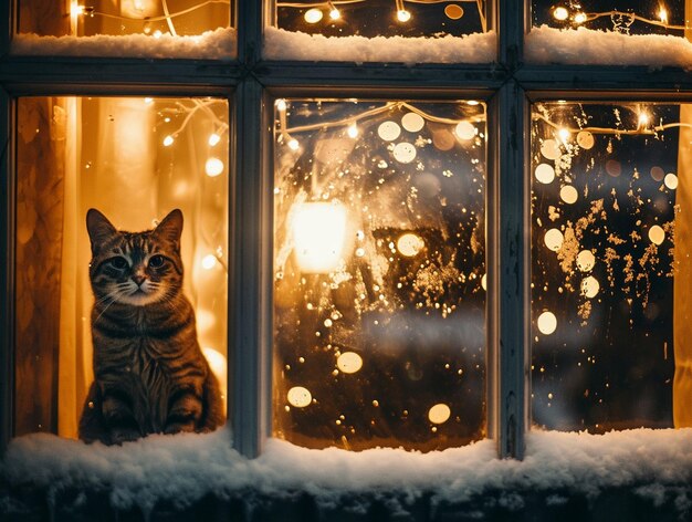 Wonderful Kitten sitting by the window in a cozy scandinavian home in a winter landscape