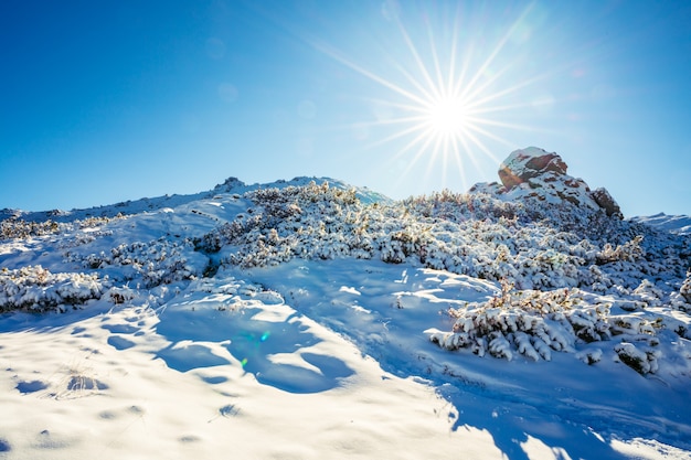 Замечательные пейзажи, покрытые первым снегом, с большими скалистыми уступами Карпатских гор, чистое голубое небо в живописной Украине у села Дземброня.