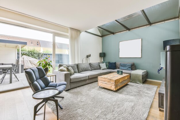 Wonderful living room with gray sofa