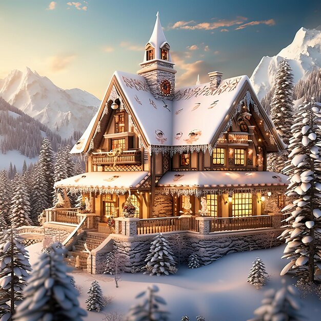 Wonderful magical winter house with snow Generative ai