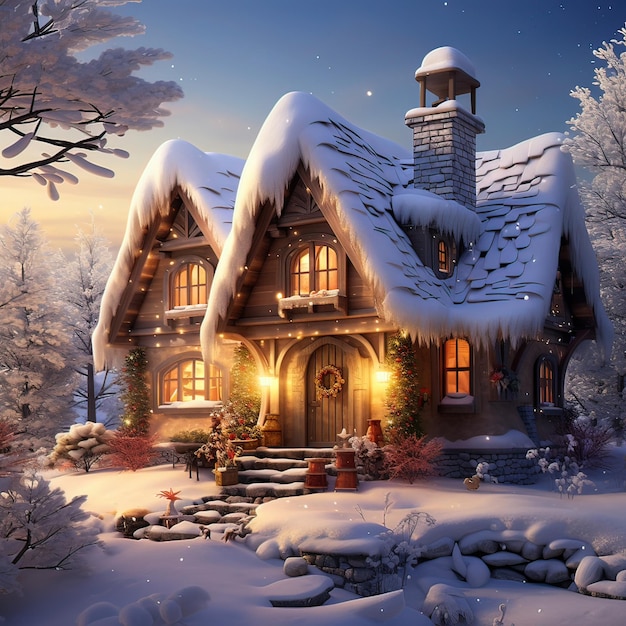 Wonderful magical winter house with snow Generative ai