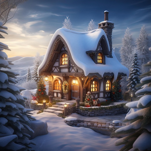 Wonderful magical winter house with snow Generative ai