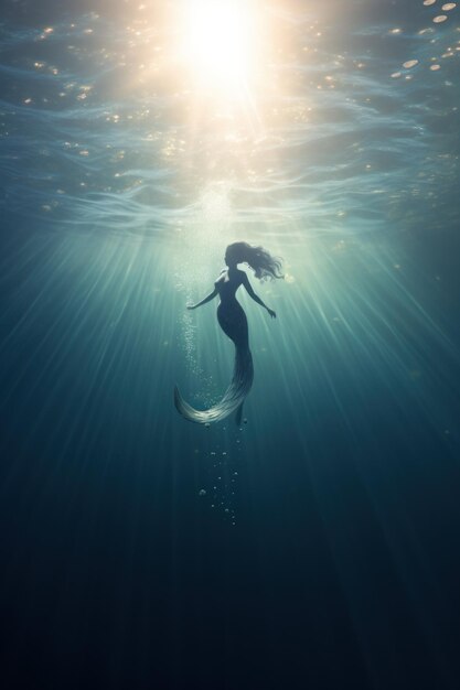 Photo wonderful mermaid in sea water sun rays clear blue water free space