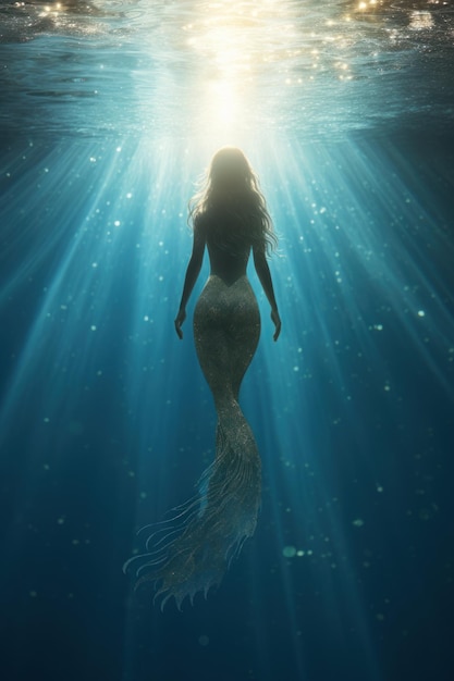 Photo wonderful mermaid in sea water sun rays clear blue water