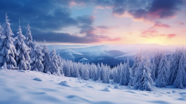 Wonderful mountains winter scenery at morning with snow covered fir trees Generate AI image