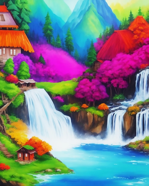 素晴らしい多色の創造的な小屋と山の滝のキャンバス上のアクリル絵の具 HD アクリル画像