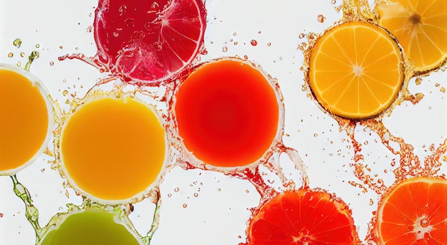 Wonderful multicolored circles of fruit in orange splash on\
white background