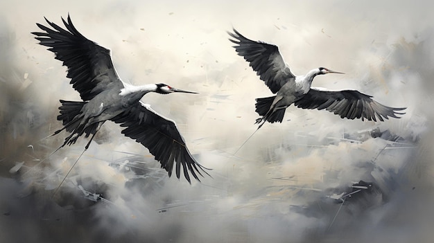 Wonderful nature scenery flying cranes images Generative AI