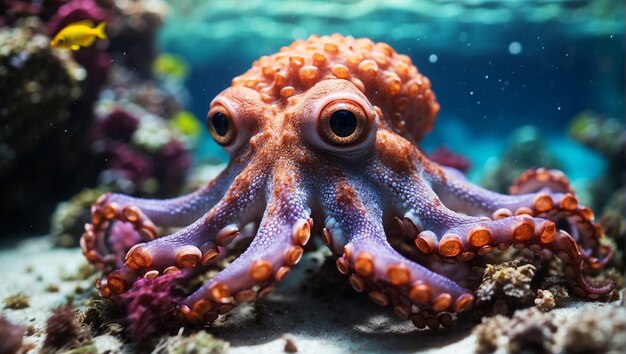 Wonderful ocean underwater full of colors and corals with a very cute and detailed octopus