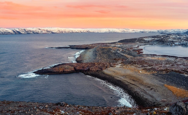 Wonderful panoramic mountain landscape on the Barents sea