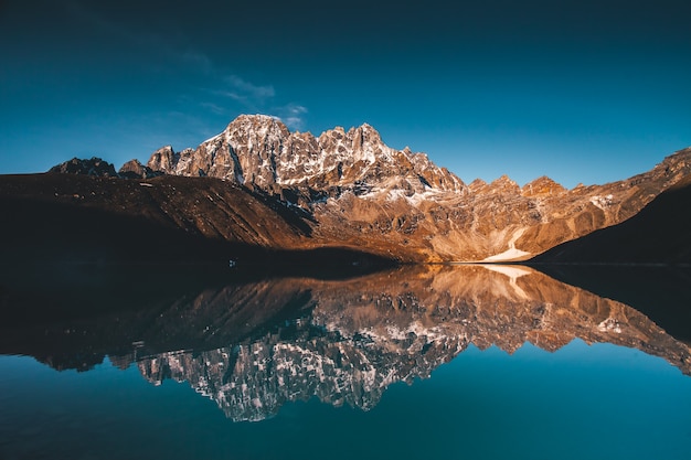 Wonderful panoramic view the gokyo lake on the mighty himalayas mountains background the protected