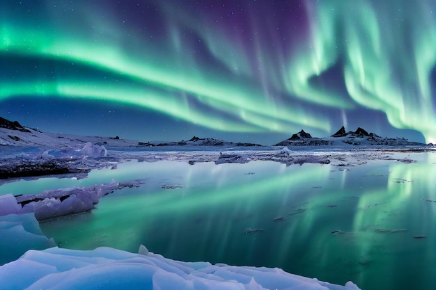 Meravigliose luci polari su sfondo di paesaggio roccioso artico con paesaggio marino 3d