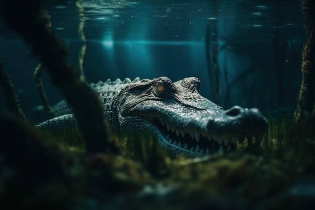 Чудесный морской крокодил на глубине в пронзительных лучах солнца в присутствии мелких пл