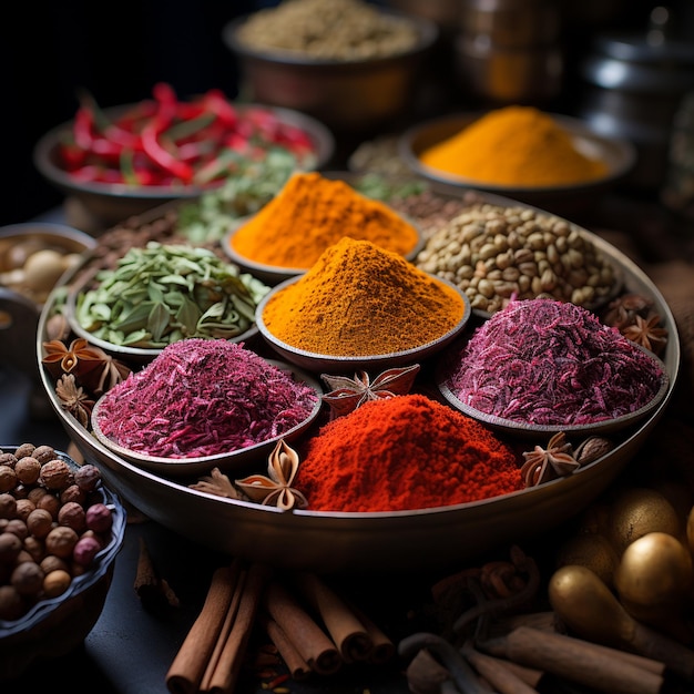 wonderful scented and colorful spices lying on a shelf color the market