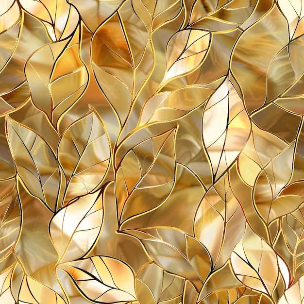 Wonderful seamless pattern of glazed mosaic style leaves with gold