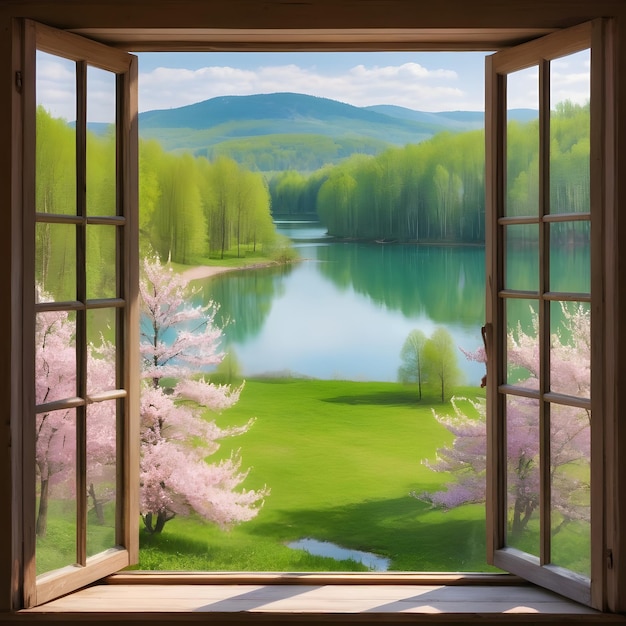 사진 창문 안의 멋진 봄 풍경