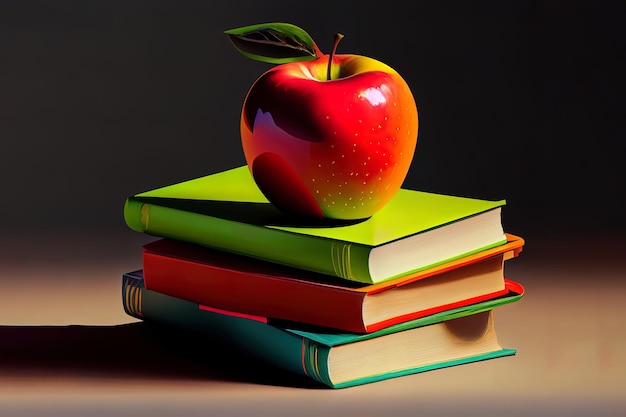 Прекрасная стопка красочных книг и свежих яблок Generative Ai