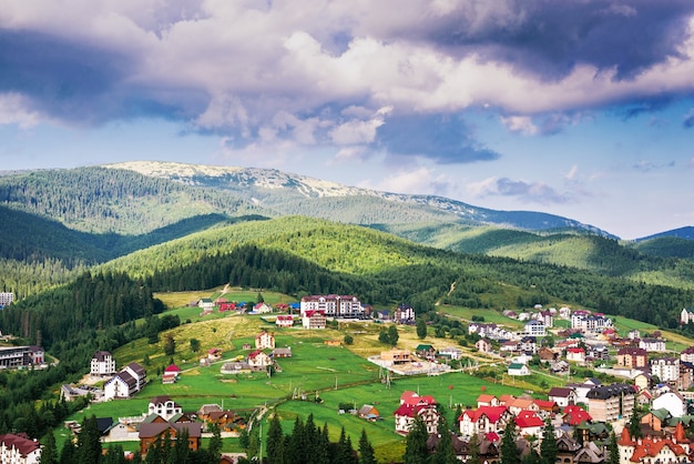 Wonderful summer ski resort views of the Ukrainian part of the Carpathian Mountains village