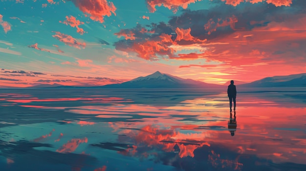 Wonderful sunset landscape at the Uyuni salt lake