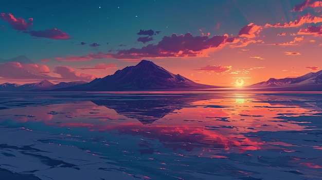 Wonderful sunset landscape at the Uyuni salt lake