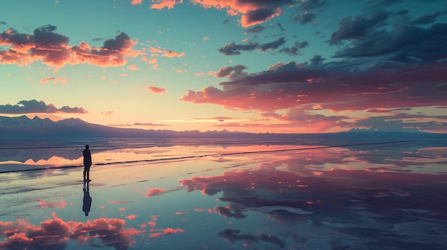 Wonderful sunset landscape at the Uyuni salt lake