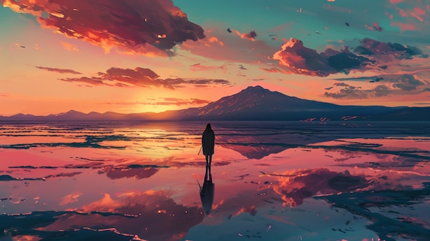 Прекрасный закат на соленом озере Уюни