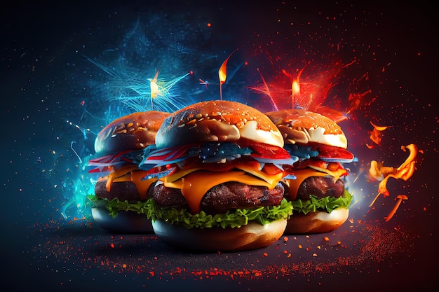 Wonderful Three fresh and juicy burgers Generative Ai