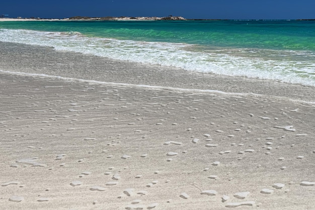 Wonderful view of the lagoon seashore white sand beach and blue sea Djerba Island Tunisia