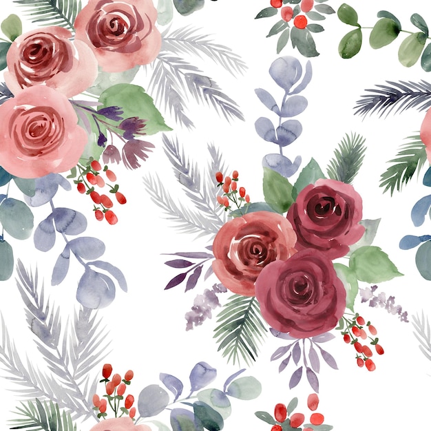 Wonderful watercolor christmas seamless pattern with roses