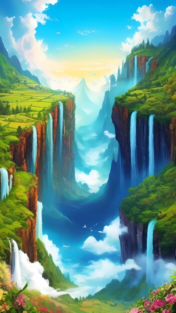 Wonderful waterfalls panorama landscape