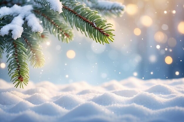 Wonderful winter background with fir branches snow and bokeh lighting Winter holidays and Christmas