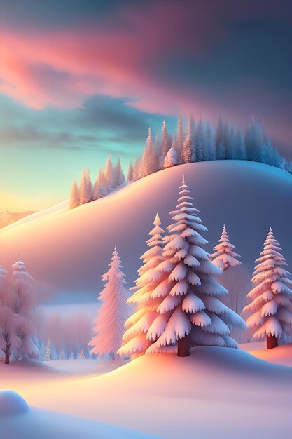 Прекрасный зимний пейзаж заката с заснеженными деревьями