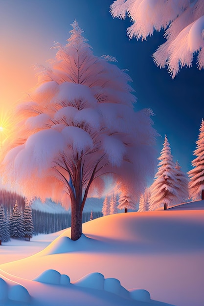 Wonderful winter landscape a sunset scene with snowy trees