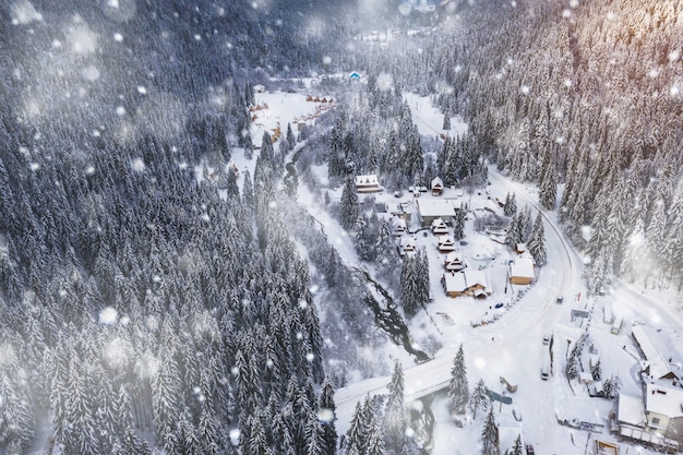 Wonderful winter landscape with a beautiful resort town view aerial