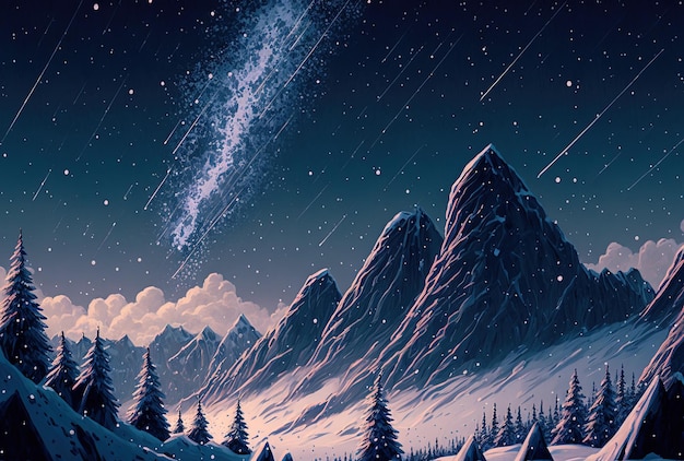 Wonderful winter meteor shower with the mountains covered in snow