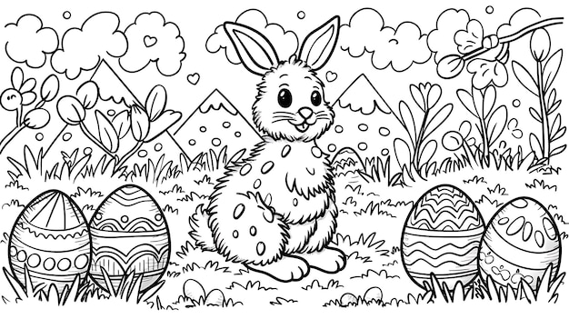 Photo wonderfull easter black and white coloring page bunny and eggs