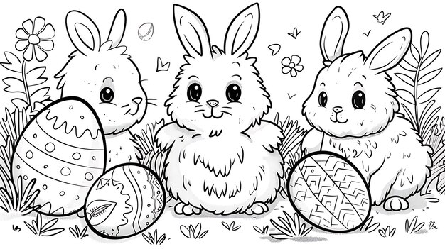 Wonderfull easter black and white coloring page bunny and eggs
