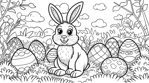 Wonderfull easter black and white coloring page bunny and eggs